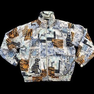 Vintage 90s Abvien Cat Dog 100% Silk Zip up Jacket Size Medium/Large Tiger